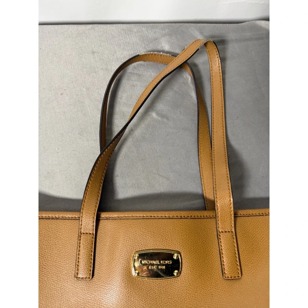 Michael Kors Saffiano Leather Tote Bag Tan Camel Gold Hardware Logo - Picture 5 of 10